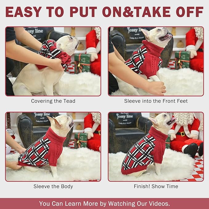 SCENEREAL Turtleneck Dog Sweater for Small Medium Large Dogs Girls Boys, Christmas Plaid Pullover Puppy Sweatershirt, Dogs Cold Weather Outfit Clothes, Ideal Gift for Pet in New Year, Red Plaid XS