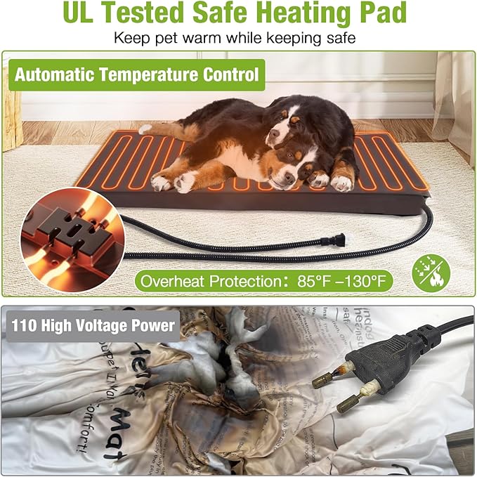 GUTINNEEN Heated Dog House Outdoor Dog Kennel with Safe Heated Pad, Chew-Proof Metal Frame and Rotating Food Bowl for Small to Medium Dogs, 44.6" L x 41.1" W x 32.9“H (Dark Brown)
