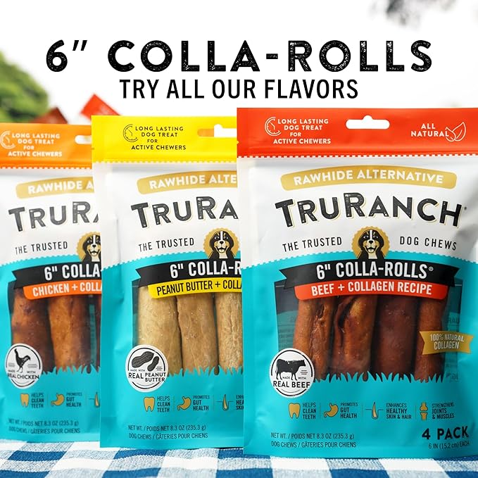 TRURANCH Collagen Rolls - 6" Collagen Rolls for Dogs - Long Lasting Healthy Joint Support - Rawhide Alternative - Skin & Coat Health - Made with Real Beef, Value Pack, 3 Bags, 12 Count