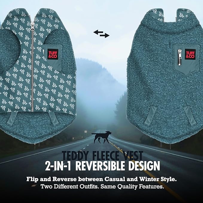 Tuff Pupper Reversible Fleece Sweater Vest for Dogs | Lightweight Comfortable Insulated Jacket | Front Zip Closure | Machine Washable | Built-in Leash Hole | Sizes for All Breeds (XXL, Teal)