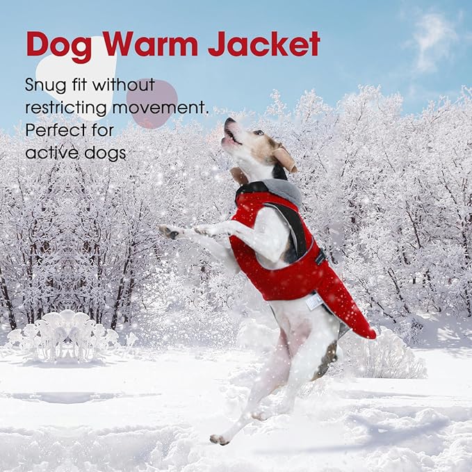 Nanaki Large Dog Coats for Winter Waterproof, Warm Fleece Lining Reflective Large Dog Jacket with Leash Hole,Furry Collar Cold Weather Puppy Jacket Outdoor Walking Hunting Easy On Pet Snow, Red 2XL