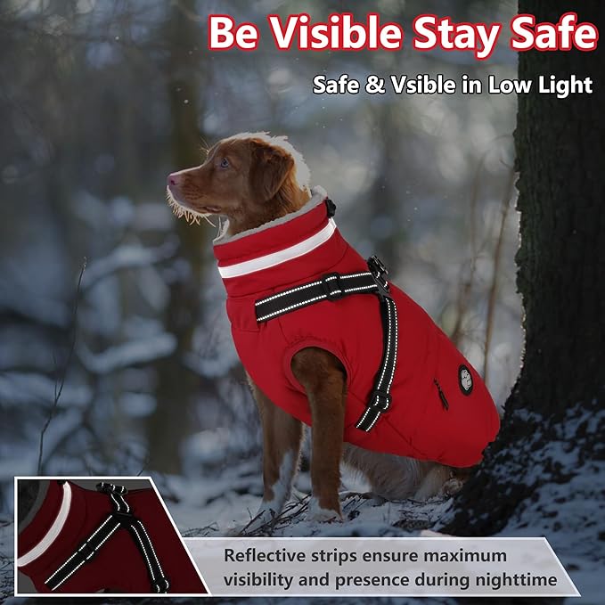 Dogcheer Dog Coat with Harness, Waterproof Dog Jacket, Christmas Puppy Winter Coat with Pocket, Reflective Doggy Turtleneck Puffer Vest for Small Medium Large Dogs - Red, 3XL
