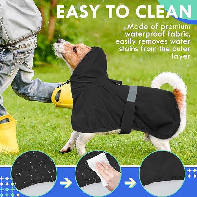 MIGOHI Dog Rain Jacket, Reflective Rain Coat for Medium Dogs | Adjustable Hind Leg Straps Rainproof, Waterproof & Windproof Coat for Rainy Days, Dog Poncho with Back Leash Hole, Black, 2XL