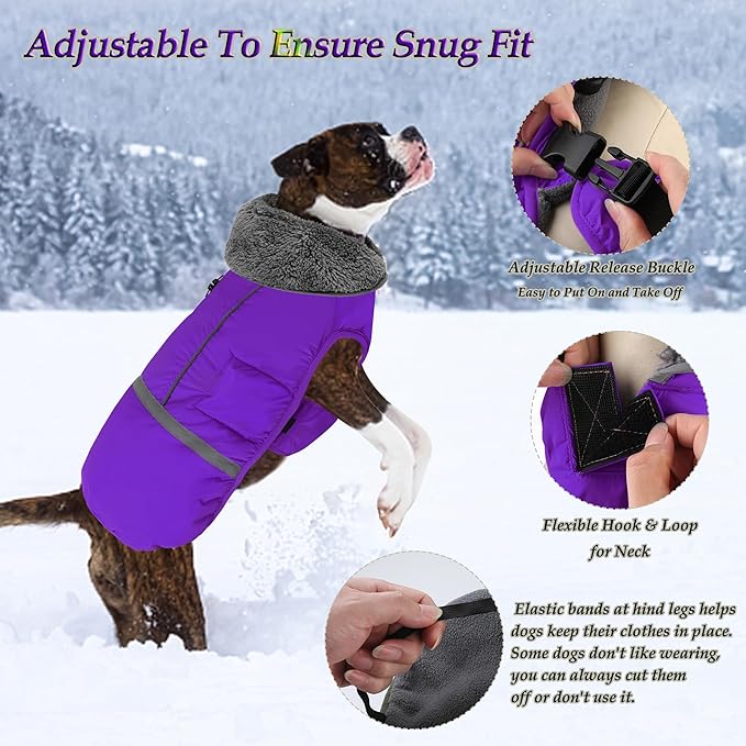 Dogcheer Warm Dog Coat, Christmas Dog Jacket Waterproof Puppy Winter Coat with Buckles, Reflective Adjustable Pet Snow Jacket Turtleneck Fleece Sweater for Small Medium Large Dogs - Purple, S