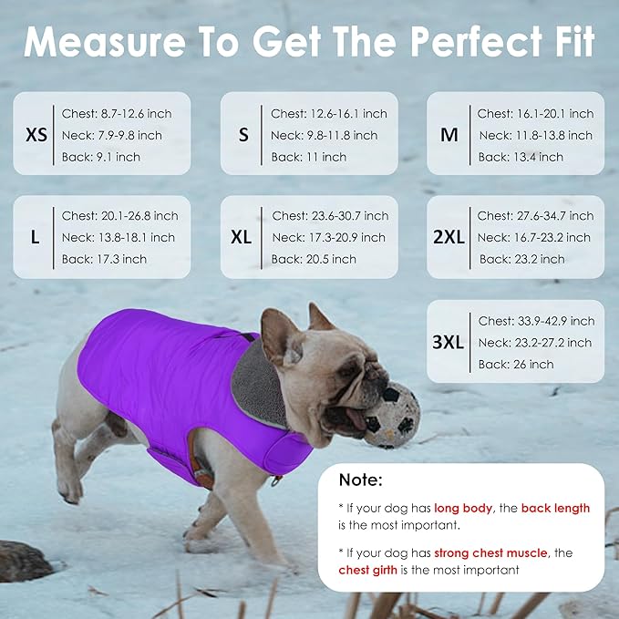 Dog Winter Coat, Waterproof Dog Jacket with Leash Hole, Reflective Adjustable Pet Snow Vest, Warm Fleece Sweater for Small Medium Large Dogs - Purple, M
