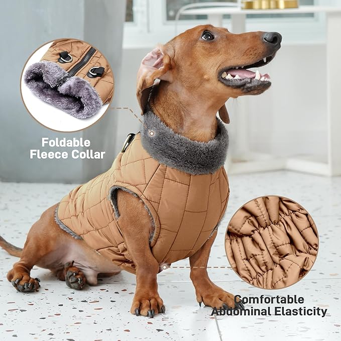 Warm Fleece Dog Coats with Durable Harness Buitl in D-Ring,Waterproof Puppy Jacket for Small Dogs,Dog Vest for Cold Winter,Burnished Khaki M