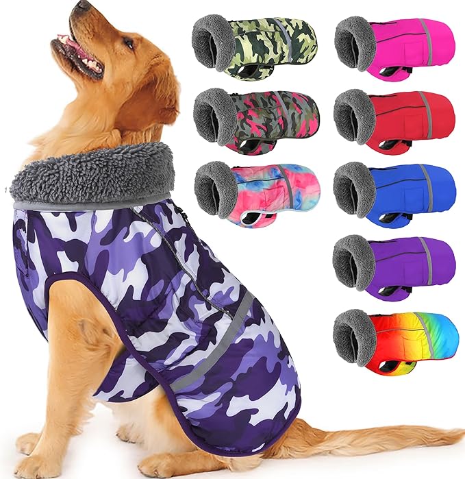 Dogcheer Warm Dog Coat, Waterproof Dog Jacket Christmas Puppy Winter Coat with Buckle, Reflective Adjustable Pet Snow Jacket Turtleneck Fleece Sweater for Small Medium Large Dogs - Camo Purple, 2XL
