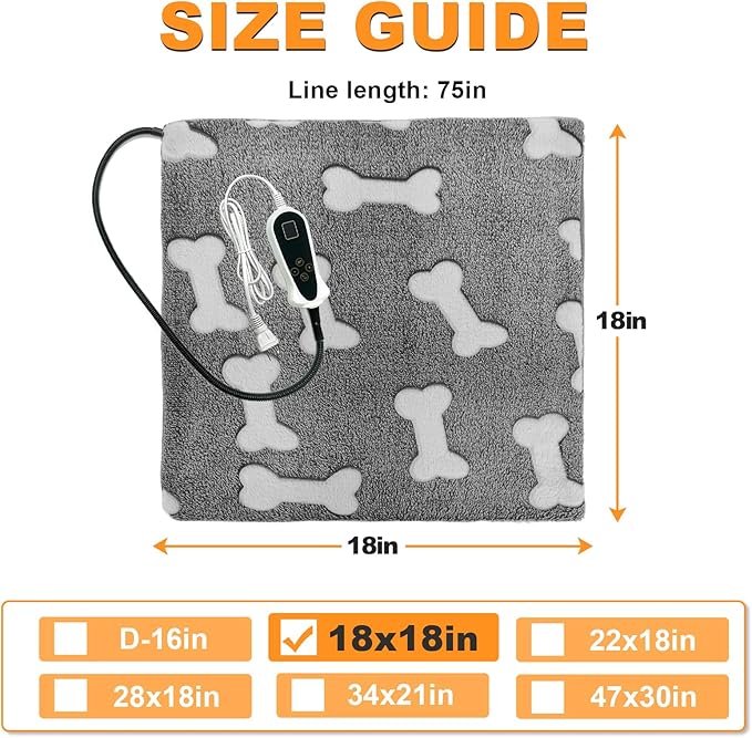 Bestio Cat Heating Pad 18×18 in Pet Heating Pad, Smart Thermostat Switch Adjustable from 1-24 Hours Normally Open Function,Gifted Soft Plush Cotton Cover - Gray