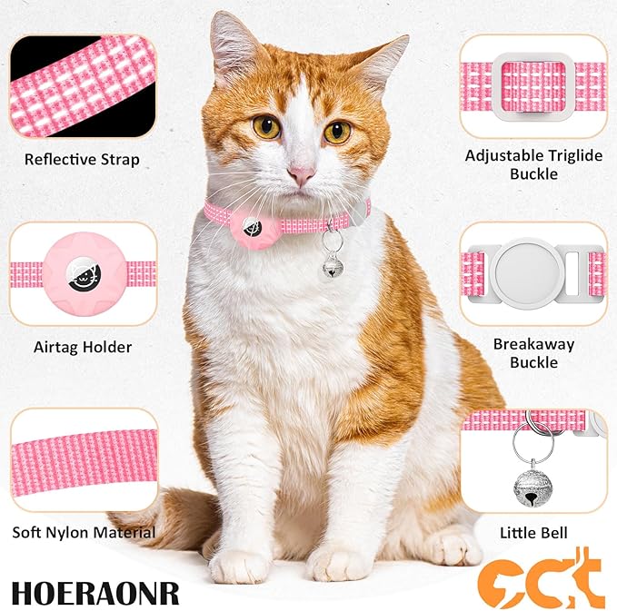 AirTag Cat Collar, Reflective GPS Tracker with AirTag Holder and Bell, Lightweight, Unisex, Black/Pink, Small Cats