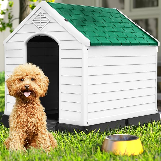 DWVO Plastic Dog House, Weatherproof Outdoor/Indoor Doghouse, Puppy Kennel with Air Vents and Elevated Floor