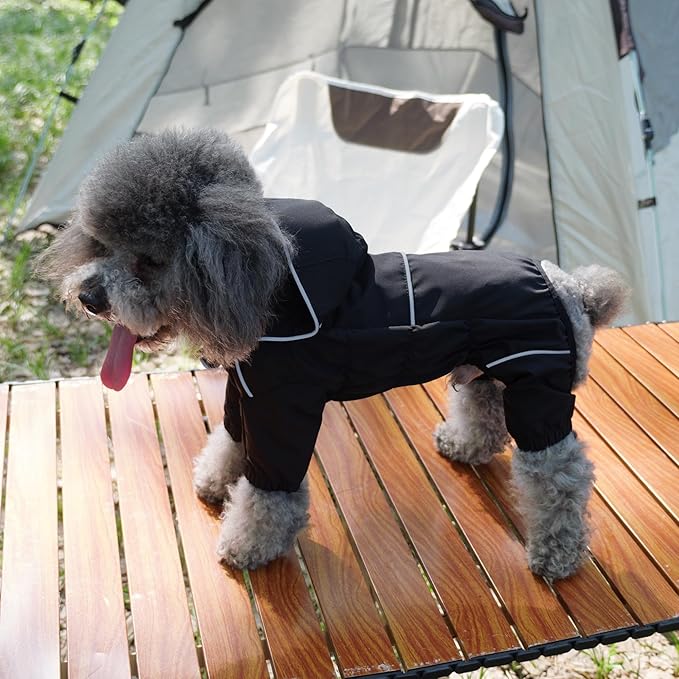 LOVELONGLONG Waterproof Dog Raincoat with Removable Hood – Outdoor Full Body Dog Jacket, Windproof Snowproof Shell Suit – All Season Pet Rain Gear Black 4XL