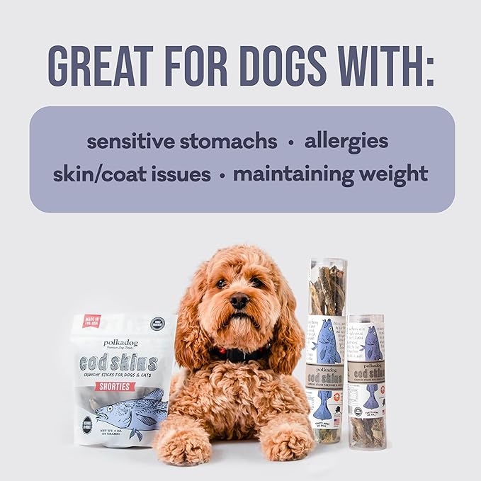 Polkadog Cod Skins for Dogs (2lb Shortie) - Single Ingredient, Wild-Caught Fish Skin Dog Treats for All Breeds – High in Lean Protein & Omega-3. Hypoallergenic, Grain Free. Handcrafted & Made in USA