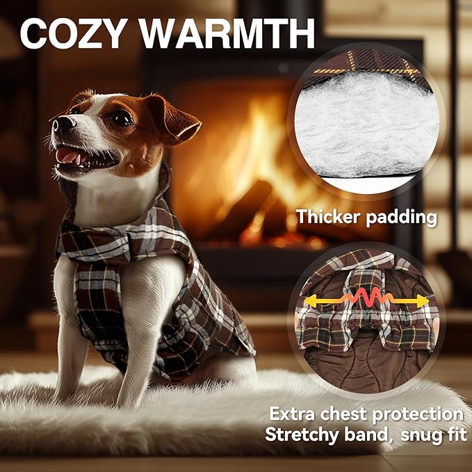 VIVAGLORY Softjoy Dog Coat, Dog Jacket for Winter & Christmas, Coat with Harness Hole & Velcro Closure, Reversible Plaid Checkered Warm Fluffy Heavy Duty for Puppy, XL, Coffee