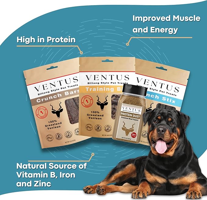 VENTUS Jerky Training Bits - Single Ingredient High Protein Venison Dog Training Treats, Grain-Free, Air-Dried Training Treats for Dogs 8 oz