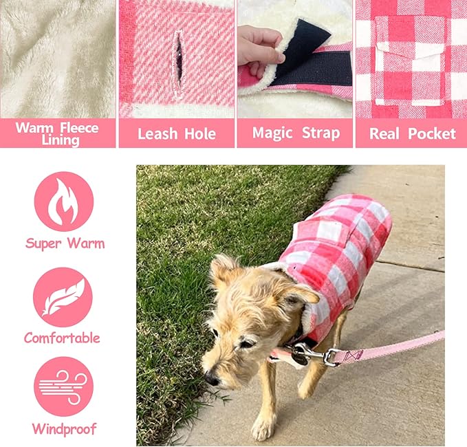 Malier Dog Winter Coat, Classic Plaid Fleece Dog Cold Weather Coats Dog Jacket with Pocket, Windprood Warm Dog Coat Vest Winter Pet Clothes Apparel for Small Medium Large Dogs (Pink, X-Large)