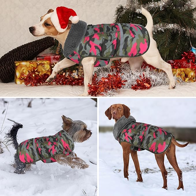 Dogcheer Warm Dog Coat, Waterproof Dog Jacket Reflective Adjustable Puppy Winter Coat with Buckle, Christmas Pet Snow Jacket Turtleneck Fleece Sweater for Small Medium Large Dogs - Camo Pink, XL