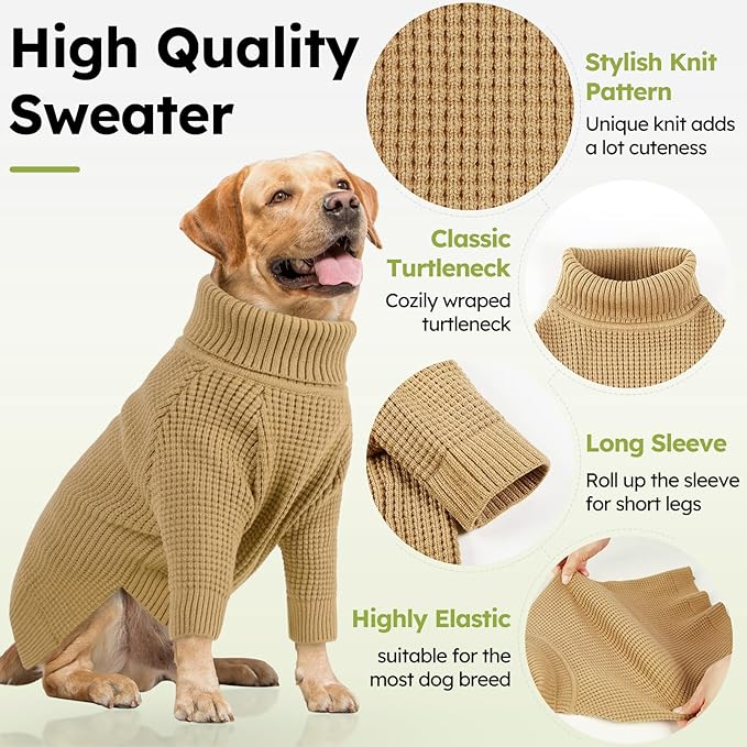 Queenmore Dog Sweater for Medium Dogs, Turtleneck Pet Sweater with Check Pattern, Fall Winter Warm Dog Sweaters, Solid Pull-on Pet Sweater for Cats,Brown M