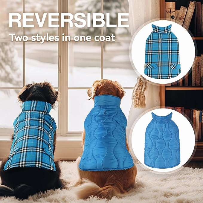 VIVAGLORY Softjoy Dog Coat, Dog Jacket for Winter & Christmas, Coat with Harness Hole & Velcro Closure, Reversible Plaid Checkered Warm Fluffy Heavy Duty for Puppy, S, Blue