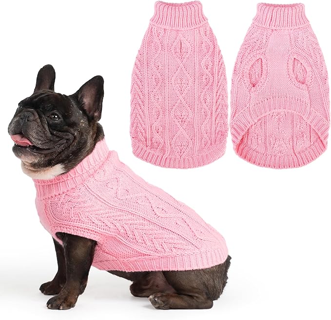 PUPTECK Dog Sweater, Turtleneck Warm Knitted Pullover Coat, Thick Cable Knitwear Clothes in Winter, Pet Apparel Outfits for Small Medium Dogs, for Cold Weather Indoor & Outdoor, Pink S