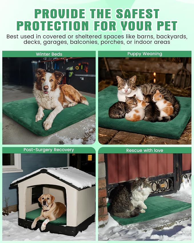 PETNF Outdoor Pet Heating Pad for Cats & Dogs, 100.4-107.6°F Auto Temp Control, Waterproof Fireproof, for Cat House/Dog Kennel/Carport, Fits Domestic & Stray Pets (Green 15.7"X27.6")