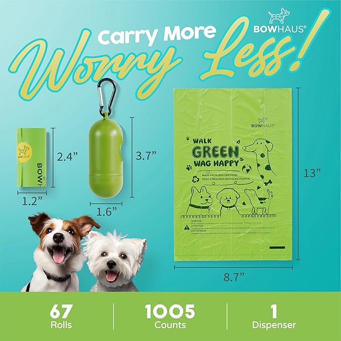 Lavender Scented Dog Poop Bags w/Dispenser, 80% PCR Eco-Friendly Materials, 9” x 13” Extra Thick Leak Proof Waste Bag for Pet, Doggy Bag Refill Rolls, Versatile Dog Waste Bags, 1005 Counts