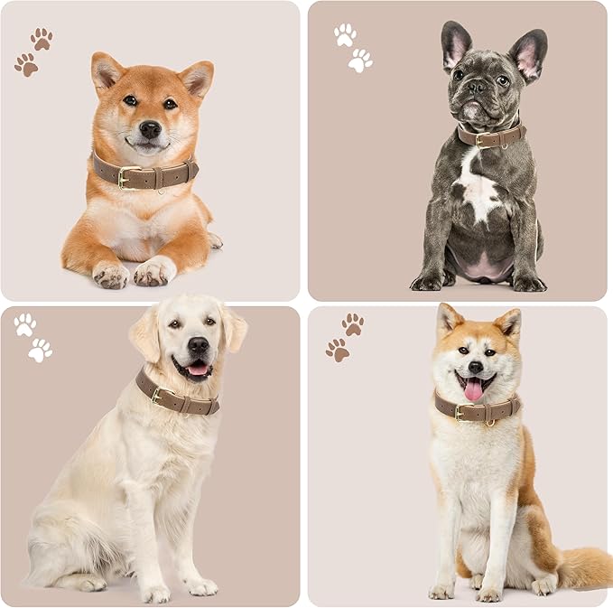 Leather Dog Collar for Small Medium Large Dogs, Soft Padded Dog Leather Collar with Heavy Duty Gold Buckle, Durable & Comfortable for Large Dogs Daily Walking (Light Brown, L)