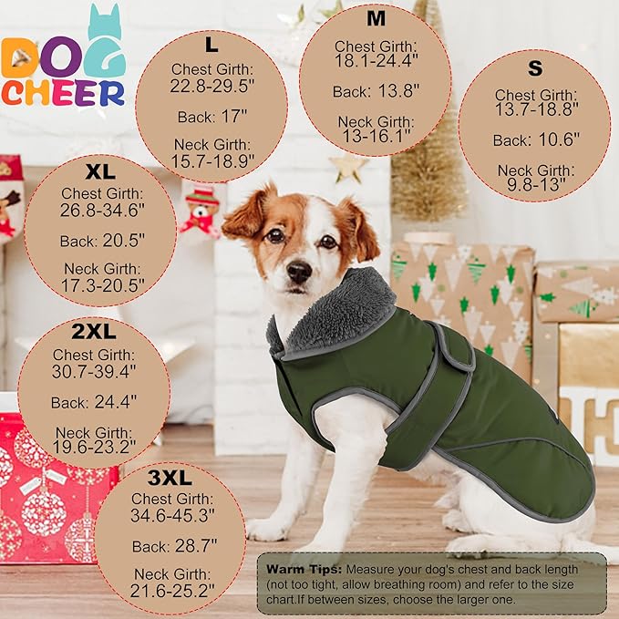 Dogcheer Dog Coat, Waterproof Dog Jacket Reflective Pet Winter Coat with Adjustable Hook & Loop, Christmas Puppy Fleece Jacket Warm Turtleneck Snowsuit for Small Medium Large Dogs - Green, 2XL