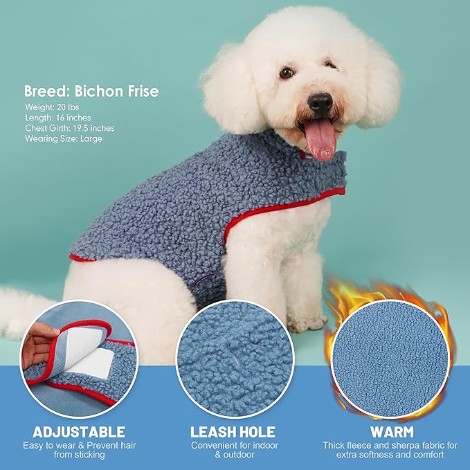 cyeollo Fleece Dog Jacket Sherpa Cozy Winter Dog Sweaters Reversible Pet Clothes Warm Cold Weather Coats for Small Dogs, Blue XL