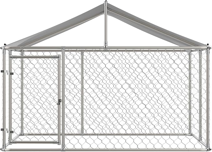 Outdoor Dog Enclosure Heavy Duty Dog Kennel House Mesh Outside Galvanized Chain Link Dog Run with Roof,Dog Cage Large Dogs Dog Pen Pet Kennel W/Waterproof Anti-UV Cover&Secure Lock for Large Dog