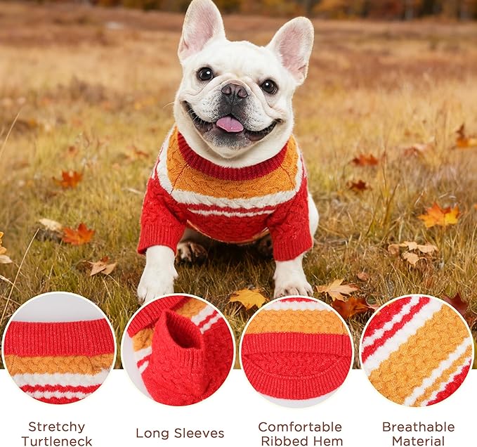 Dog Sweater for Small Medium Dogs & Cats, Classic Turtleneck Knitted Striped Pet Sweater, Warm Winter Soft Christmas Outfit for Boy & Girl Dogs, Medium