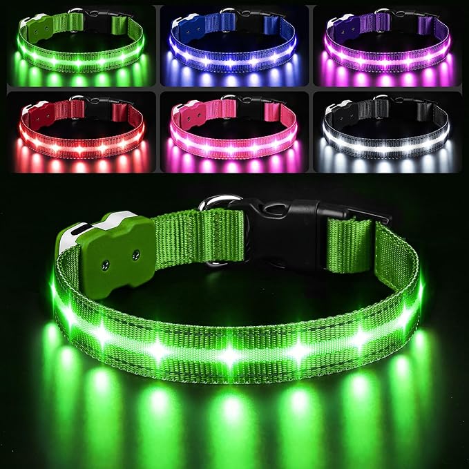 PcEoTllar Light Up Dog Collars, Led Dog Collar, Rechargeable, Night Walking, Waterproof, Glow in The Dark Dog Collars Light for Large Small Medium Dogs, Green m