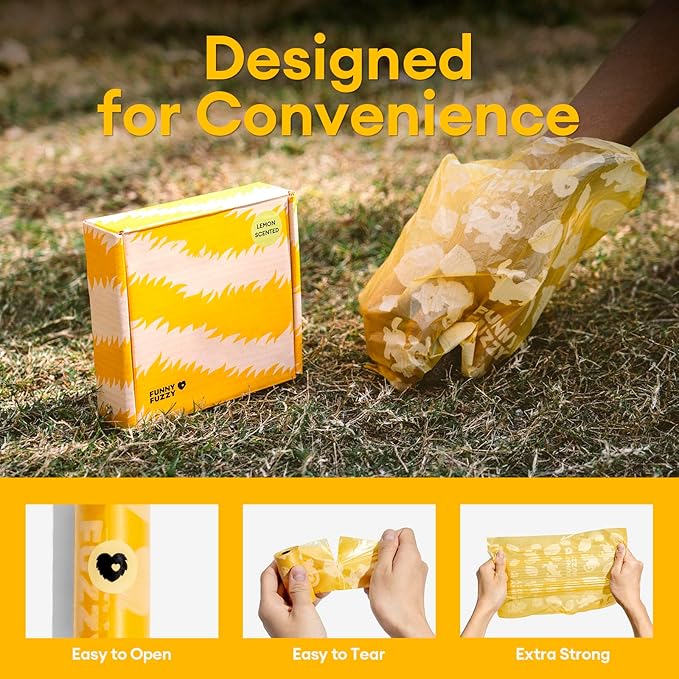 FUNNY FUZZY Dog Poop Bag Holder with Tear-Resistant, Leakproof Waste Bags Made with EPI Material – Easy to Use for Walks or Travel, Lemon Scented, 1 Dispenser + 120 Count