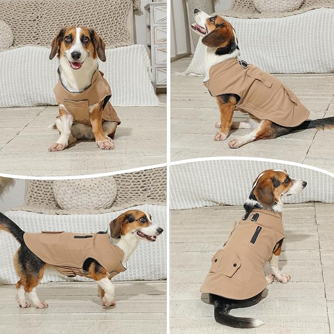 Workwear Style Dog Coats with Harness Built in for Small Dogs Windproof Warm Puppy Jacket with Storage Pockets for Cold Winter,LightBeige M