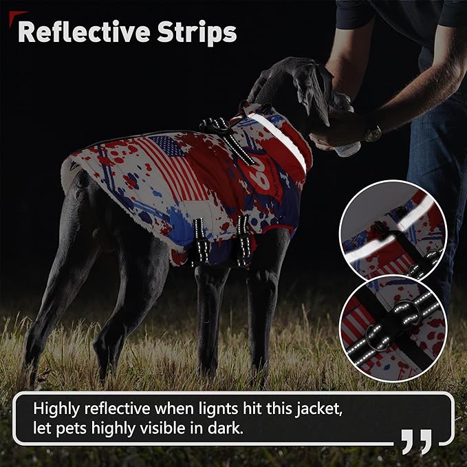 Dogcheer Dog Winter Coat, American Flag Dog Jacket with Harness, Adjustable Puppy Coat with Zipper, Waterproof Pet Fleece Jacket Snowsuit for Small Medium Large Dogs - US Flag 2XL