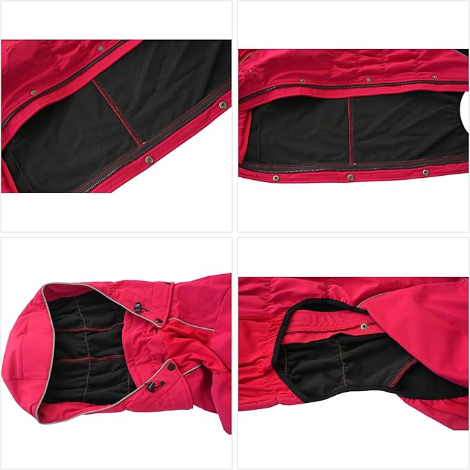 LOVELONGLONG Fleece-Lined Dog Raincoat with Removable Hood – Waterproof Winter Full Body Dog Jacket – Windproof Snowproof Cold-Weather Suit – Red-F XL