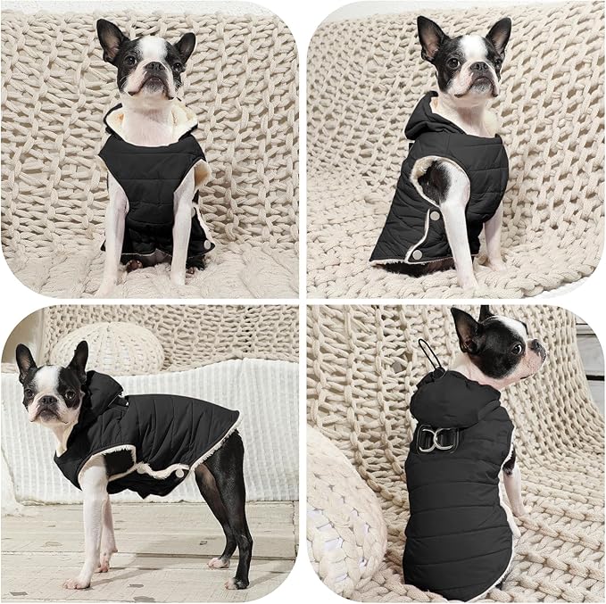 Fleece Lining Dog Hoodie with Harness Built in,Extra Warm Medium Dog Jacket in Winter Doggie Coats with Drawstring Hooded,Black XL