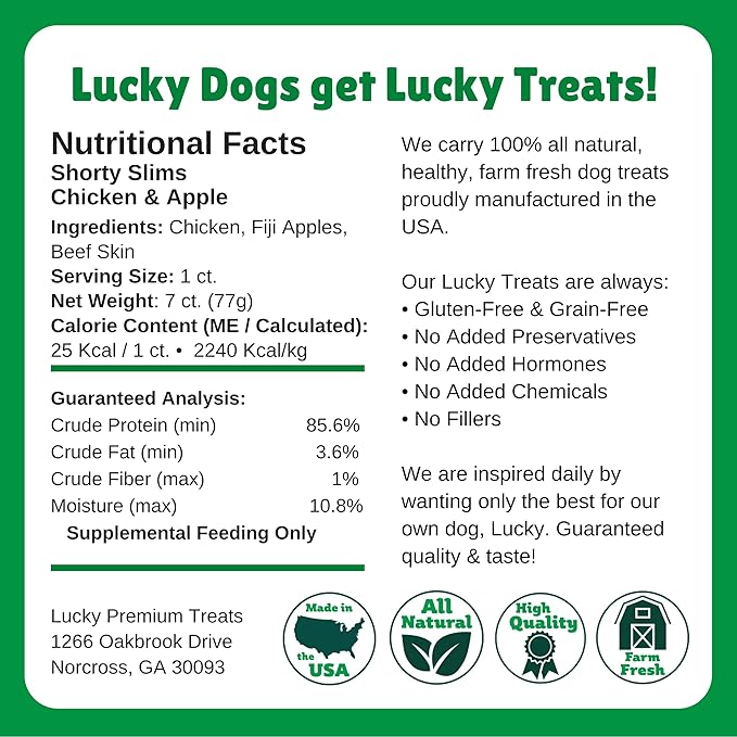 Lucky Premium Treats Lucky Shorty Slims - Apple and Chicken Jerky Dog Treats, Crunchy Dog Chew Sticks with Real Chicken and Apple for Small to Large Dogs (7 Count)
