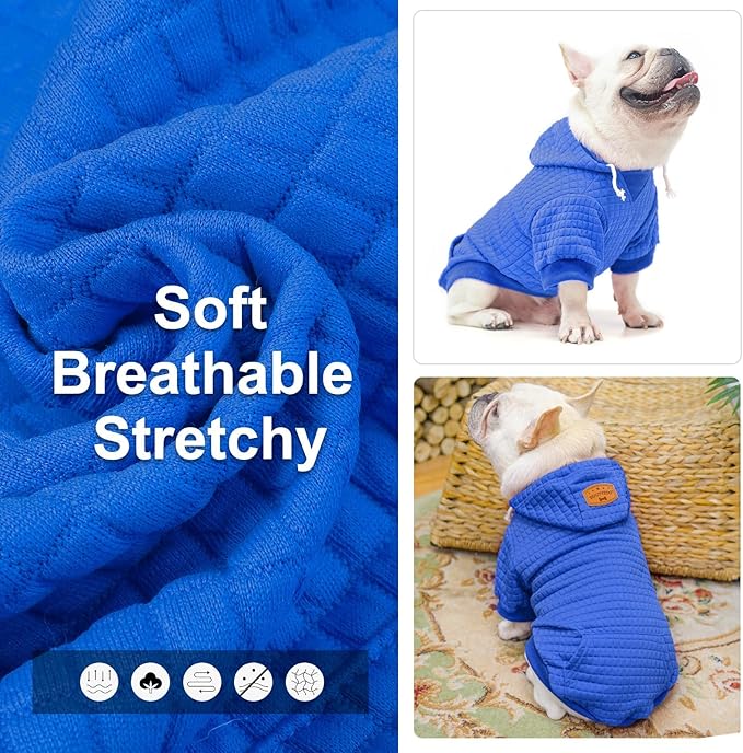 BEAUTYZOO Small Dog Hoodie Sweater with Pockets, Dog Clothes for Small Medium Dogs Boy Girl, Waffle-Like Laminated Cotton Pet Coats with Hat and Leash Hole, Blue S