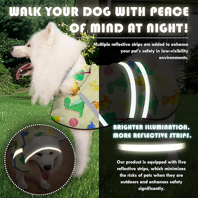 Dog Raincoat, Adjustable Rain Jacket with Hooded Double Layer for Large Medium Small Dogs Puppies, Lightweight Waterproof Rain Coat Poncho with Reflective Stripe Dinosaurs Yellow,L