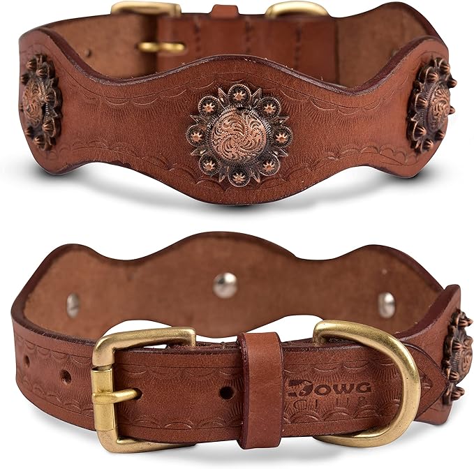 | Genuine Leather Scalloped Edges Vintage Dog Collar | Full Grain, Heavy Duty | Comfortable, Strong | Best for Medium, Large & XL Breeds (XL (Fit Neck Size 22"-26"), Brown-Scalloped Edges)