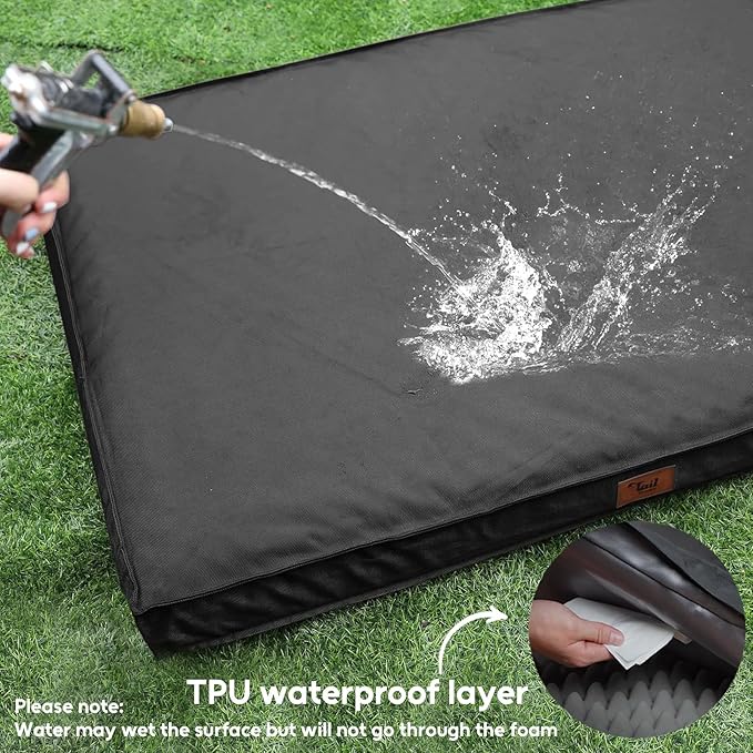 Outdoor Large Washable Dog Bed, Orthopedic Egg Crate Foam Dog Crate Mat for Large Dogs with Removable Oxford Cooling Cover, Black