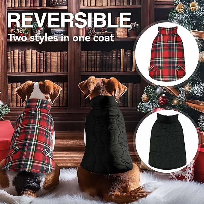 VIVAGLORY Softjoy Dog Coat, Dog Jacket for Winter & Christmas, Coat with Harness Hole & Velcro Closure, Reversible Plaid Checkered Warm Fluffy Heavy Duty for Puppy, L, Red