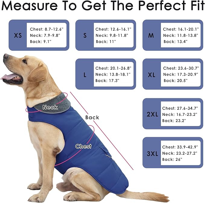 Dog Coat, Waterproof Dog Winter Jacket with Pocket, Reflective Adjustable Pet Snow Vest, Warm Cozy Fleece Sweater for Small Medium Extra Large Dogs - Blue, XL
