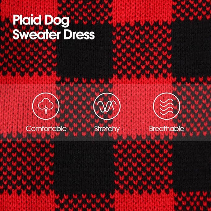 Dog Sweater Dress Plaid Knitwear for Small Medium Dogs Warm Puppy Pet Turtleneck Stretch Pullover Cute Fall Winter Vest Clothes with Leash Hole for Christmas (Red, S)