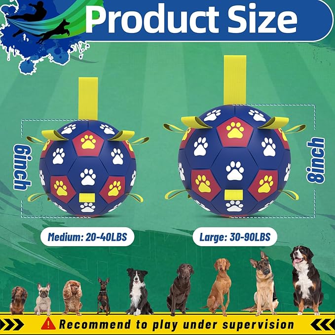 QDAN Dog Toy Balls, Premium Dog Soccer Ball with Straps, Outdoor Dog Toys, World Cup Pet Training Soccer for Medium to Large (8 Inch)