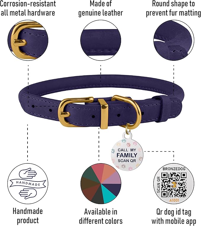 BronzeDog Rolled Leather Dog Collar with QR ID Tag, Adjustable Soft Round Collars for Small Medium Large Dogs Puppy (14" - 16" Neck Size, Violet)