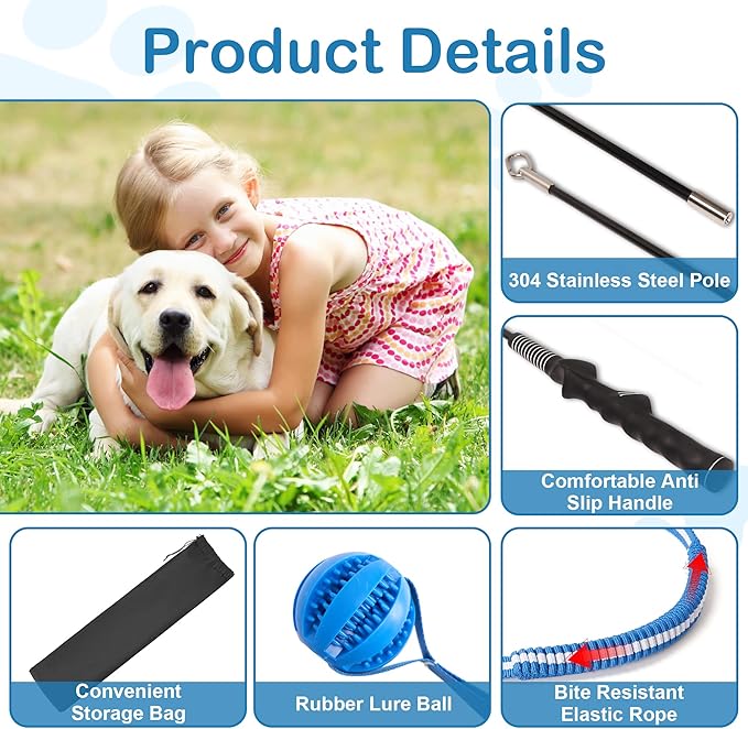 Flirt Pole for Dogs Interactive Dog Pole Toy for Large Medium Small Dogs, Sports Dog Teaser Pole for Tug of War, Flirt Pole with Lure Ball (Extended Pole + Tensile Rope)