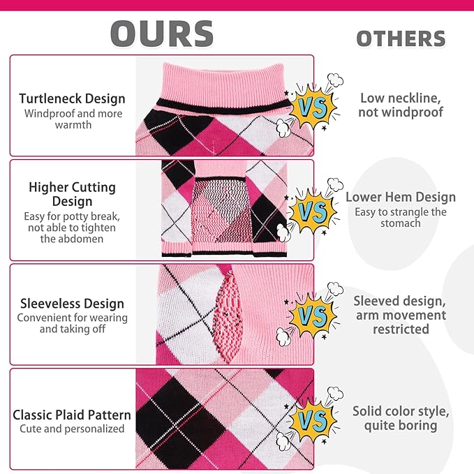 KOOLTAIL Dog Sweater Pet Knitted Clothes - Classic Pink Plaid Pullover Turtleneck Thick Warm Fall Dog Sweaters with Leash Hole, Soft Winter Coats for Small Medium Large Dogs Cats Puppy Girls, S