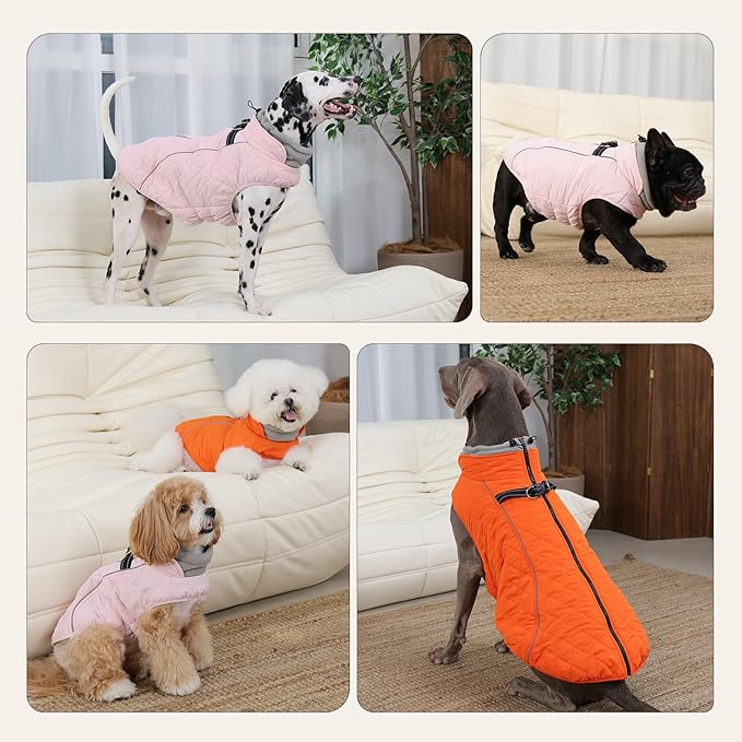 Dog Coat with Harness Built in -Orange,XS- Fleece Lined Dog Snow Jacket Snowsuit，Adjustable Reflective Winter Warm Cold Weather Coat
