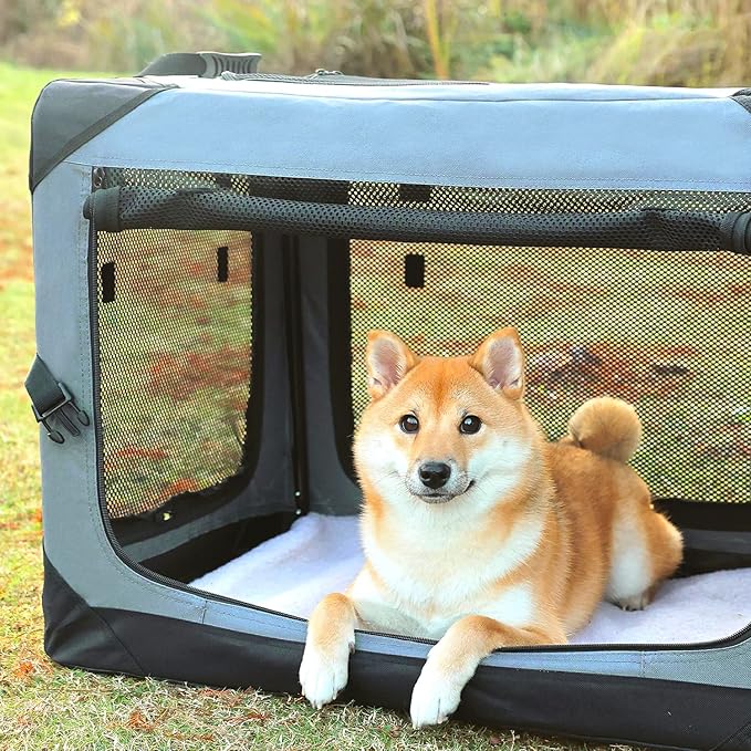 Pettycare 36 Inch Collapsible Crate for Large Dogs, 4-Door Foldable Soft Kennel with Chew Proof Mesh Windows for Indoor & Outdoor Travel